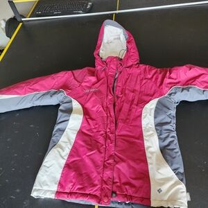 Columbia Red and White Hooded Winter Jacket Ski/Snow Womens (L) Large Fleece